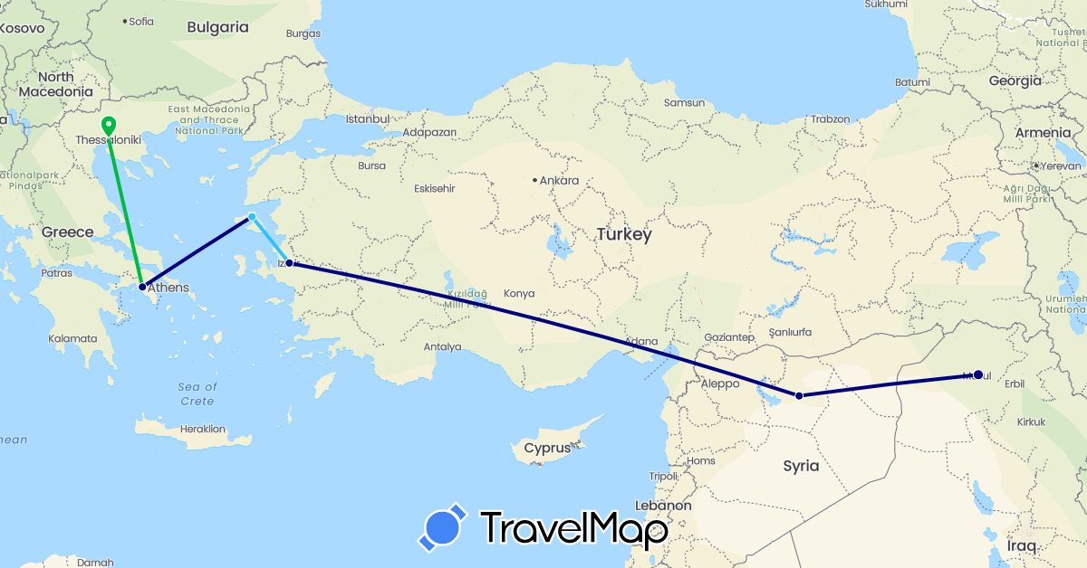TravelMap itinerary: driving, bus, boat in Greece, Iraq, Syria, Turkey (Asia, Europe)